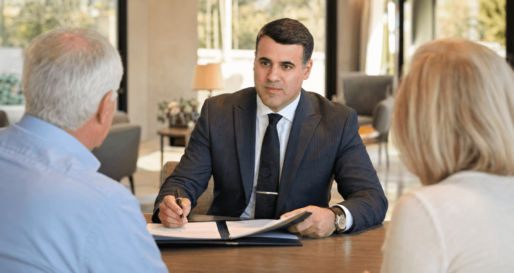 Attorney Asaf Arazi-Biton discussing a Senior Housing Contract with an older couple