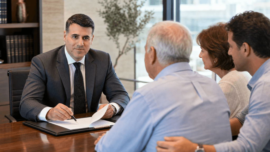 Asaf Arazi-Bitton discussing a Senior Housing Contract before signing with an older couple and a family member