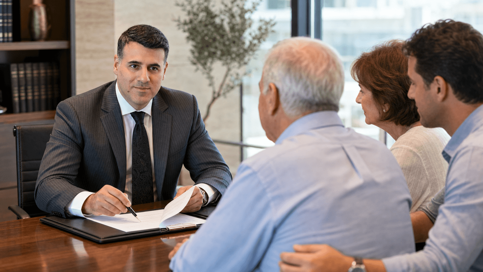 Asaf Arazi-Bitton reviewing an assisted living agreement before signing with an older couple and a family member