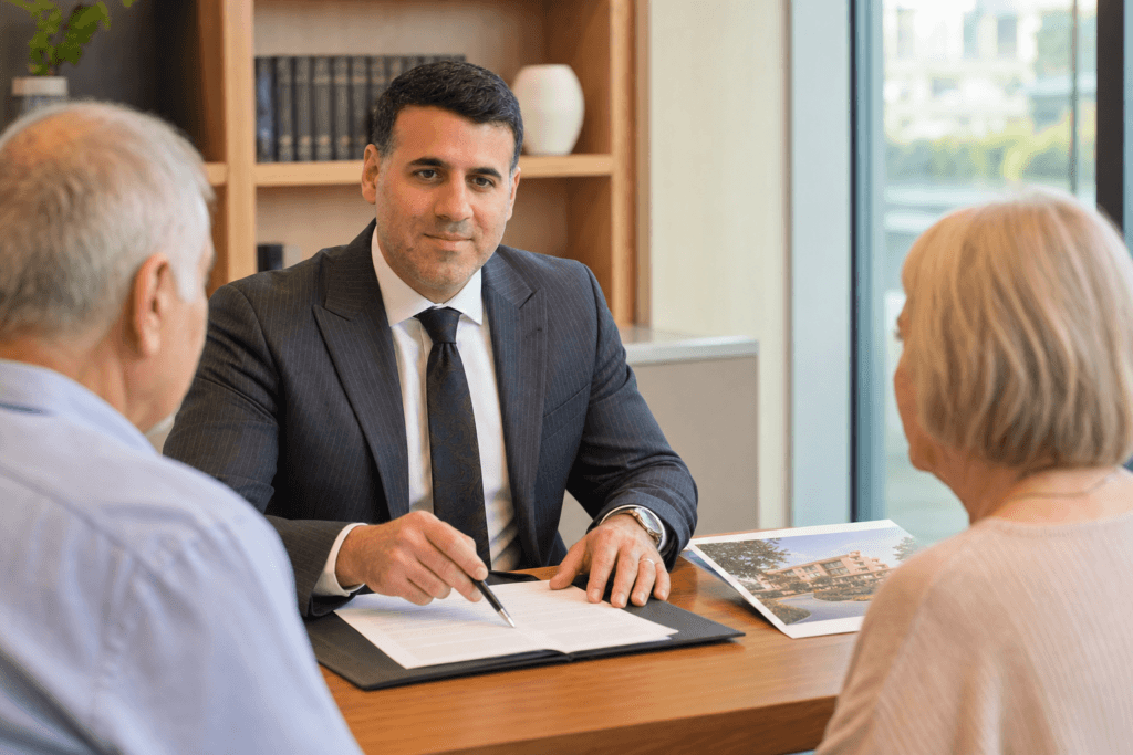Attorney Asaf Arazi-Biton reviewing an assisted living entry agreement with an older couple