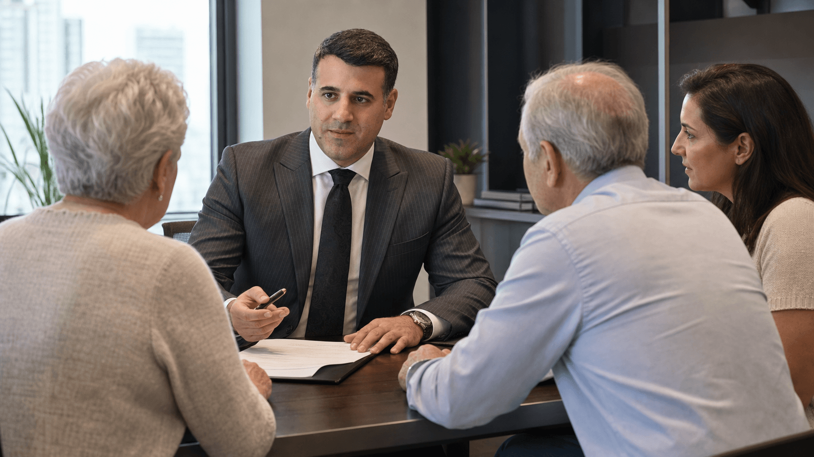 Asaf Arazi-Biton reviewing an assisted living agreement with an older couple and a family member