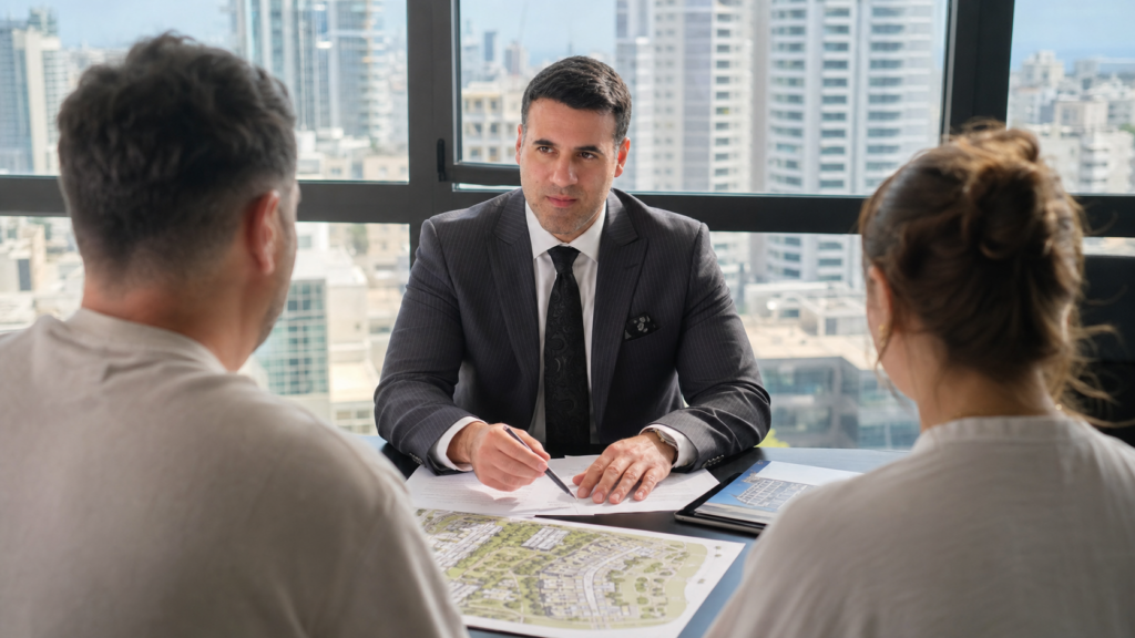 Asaf Arazi-Biton reviewing an evacuation-reconstruction agreement with tenants