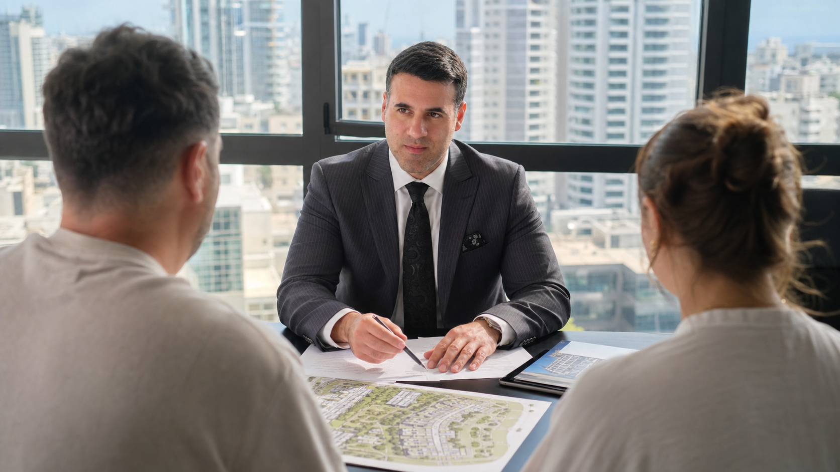 Asaf Arazi-Biton reviewing an evacuation-reconstruction agreement with tenants