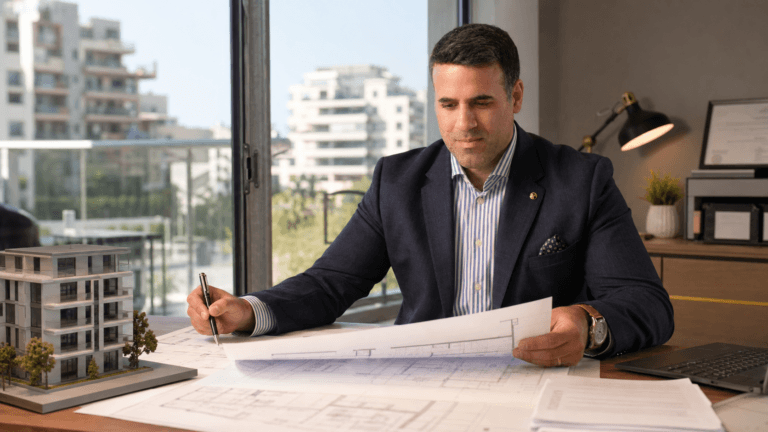 Asaf Arazi-Biton reviewing building plans and legal documents for an inherited apartment sale