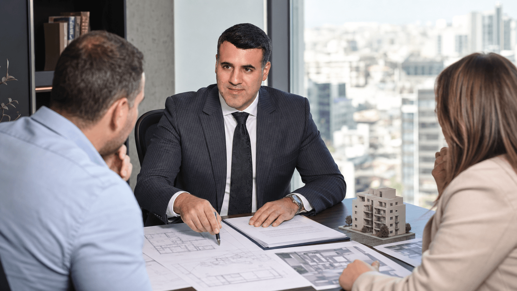 Asaf Arazi-Biton reviewing building plans and legal documents for an inherited apartment sale