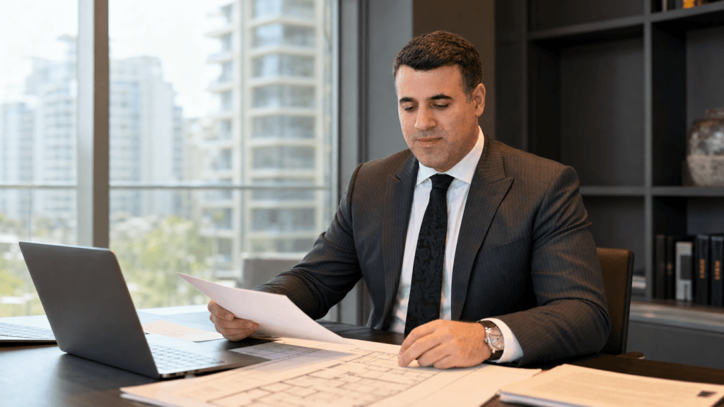 Asaf Arazi-Biton reviewing real estate transaction documents and apartment plans