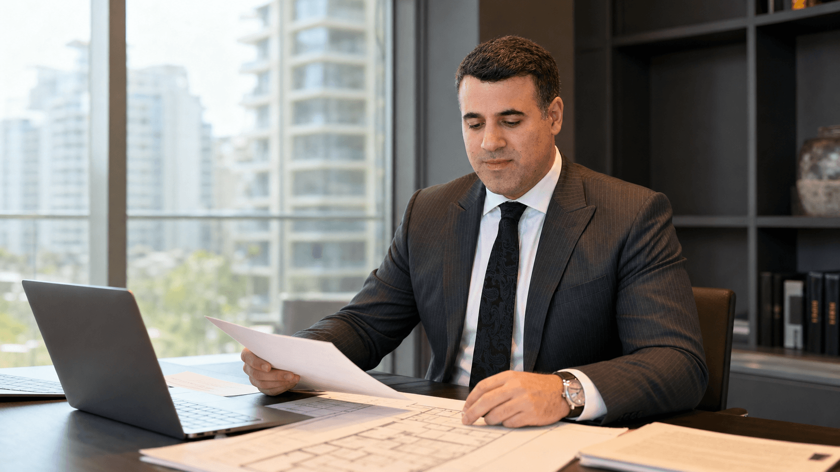 Asaf Arazi-Biton reviewing real estate transaction documents and apartment plans