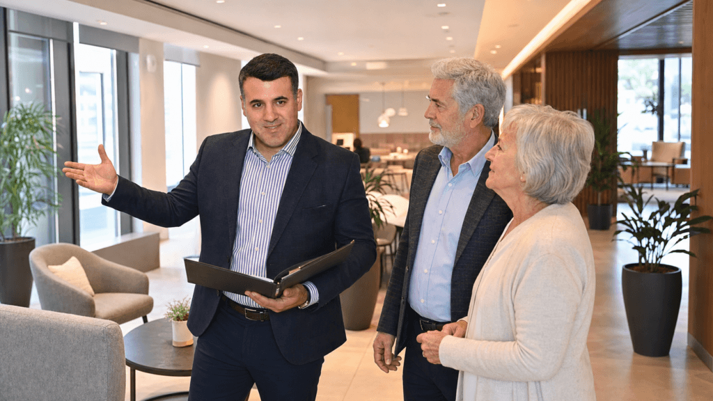 Asaf Arazi-Biton touring a senior living residence with older clients