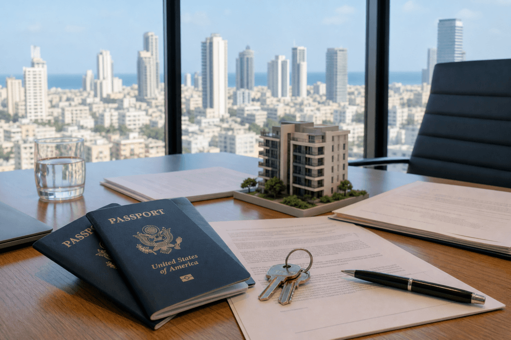 American passports and apartment purchase documents with Tel Aviv skyline
