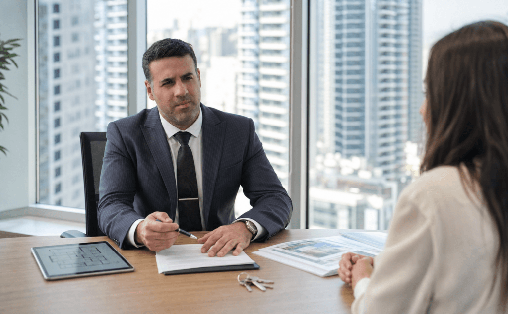 Asaf Arazi-Biton advising an apartment seller about legal risks in a real estate sale