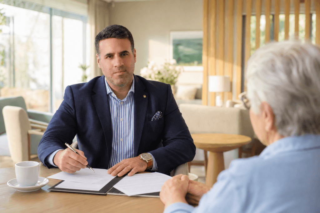 Attorney Asaf Arazi-Biton advising a senior client on mortgage financing for protected housing