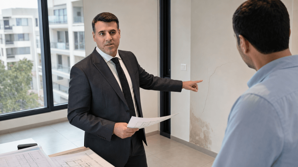 Asaf Arazi-Biton reviewing construction defects in a contractor-built apartment