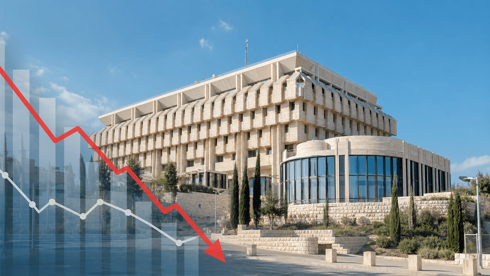 Bank of Israel building in Jerusalem with a downward interest rate graph