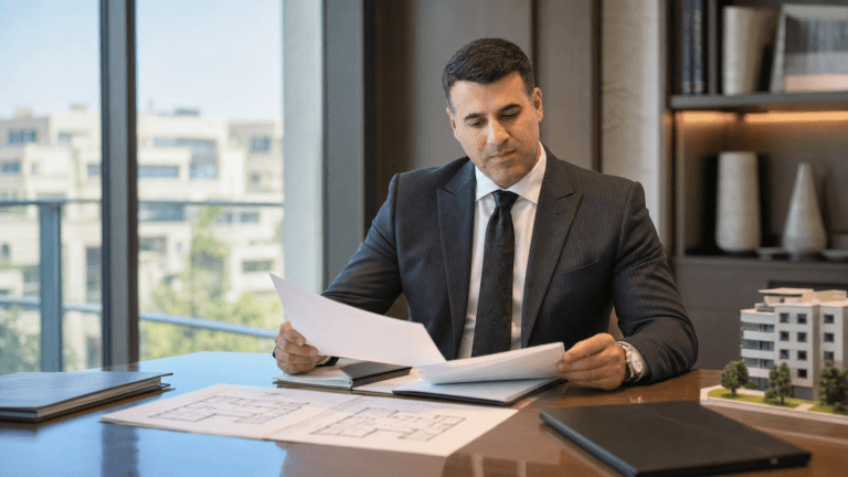 Asaf Arazi-Biton reviewing apartment transfer documents in a law office