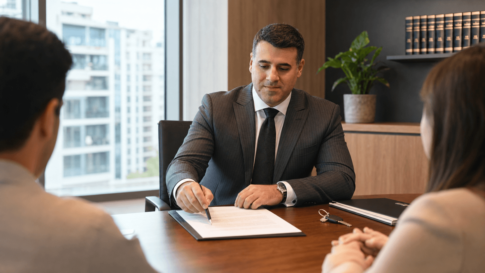 Asaf Arazi-Biton reviewing protective clauses in an apartment sale agreement with clients