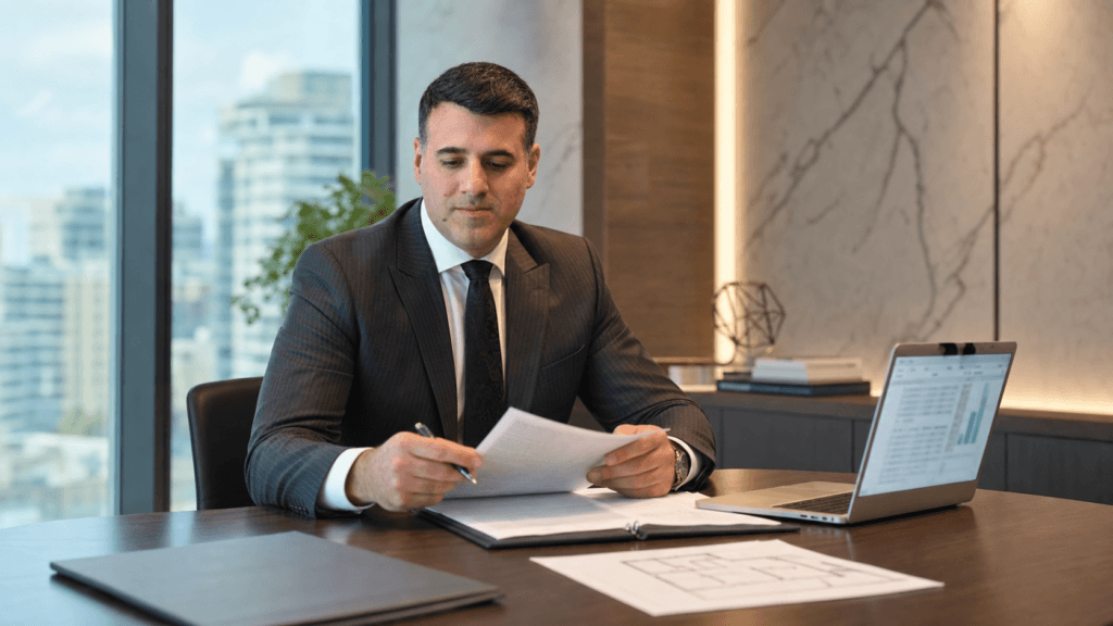 Asaf Arazi-Biton reviewing land registry and housing company documents before an apartment transaction in Israel