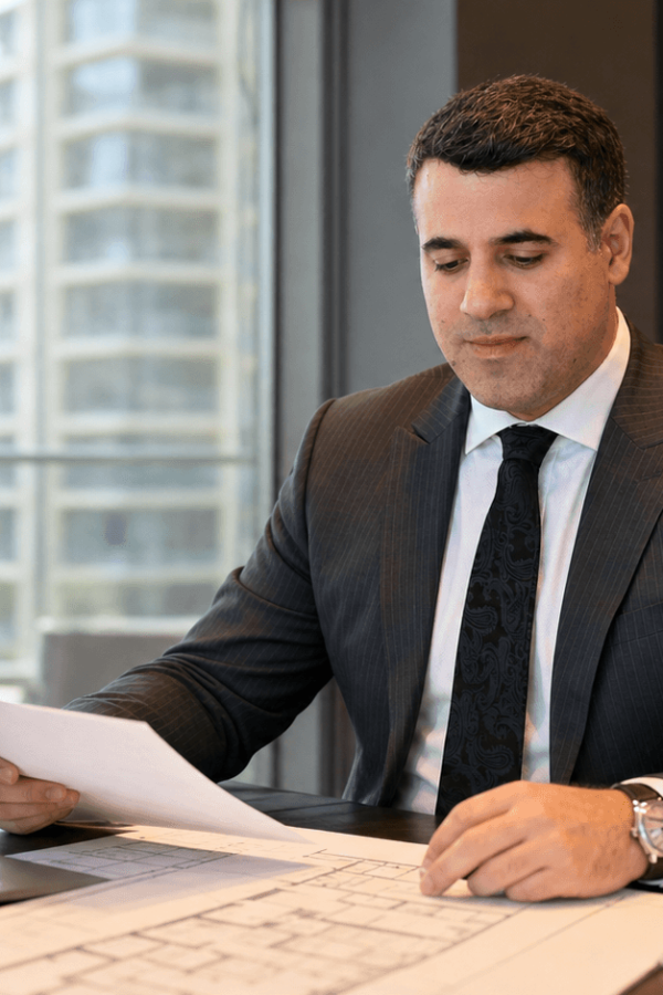 Asaf Arazi-Biton reviewing real estate transaction documents and apartment plans