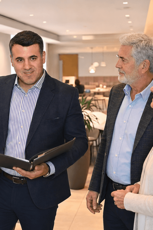 Asaf Arazi-Biton touring a senior living residence with older clients