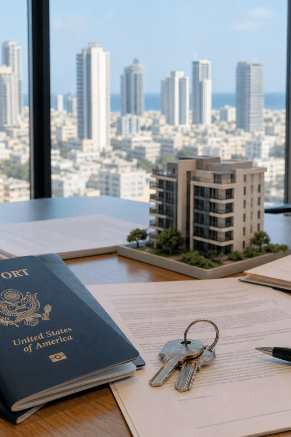 American passports and apartment purchase documents with Tel Aviv skyline