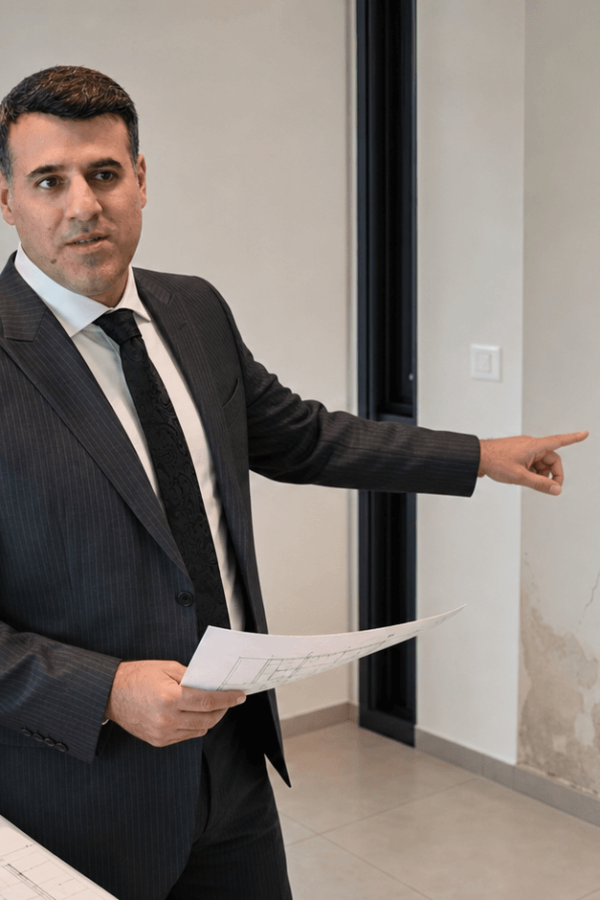 Asaf Arazi-Biton reviewing construction defects in a contractor-built apartment