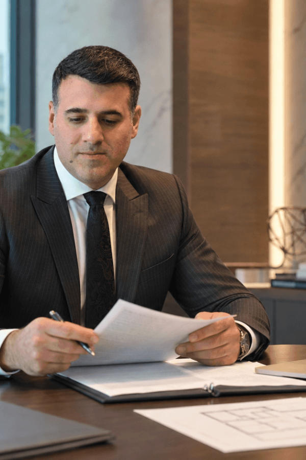 Asaf Arazi-Biton reviewing land registry and housing company documents before an apartment transaction in Israel