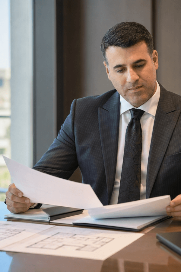 Asaf Arazi-Biton reviewing apartment transfer documents in a law office