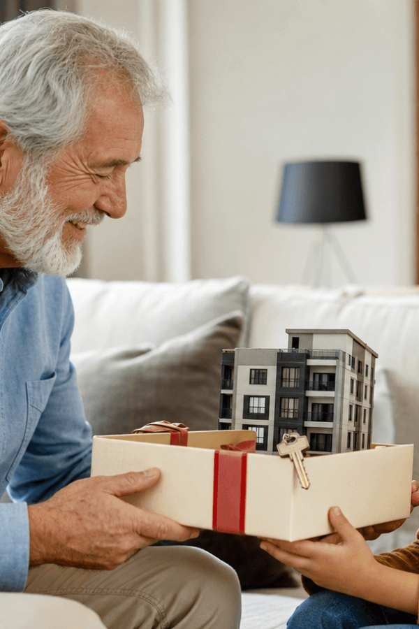 Grandfather giving a child a real estate gift represented by an apartment model and key