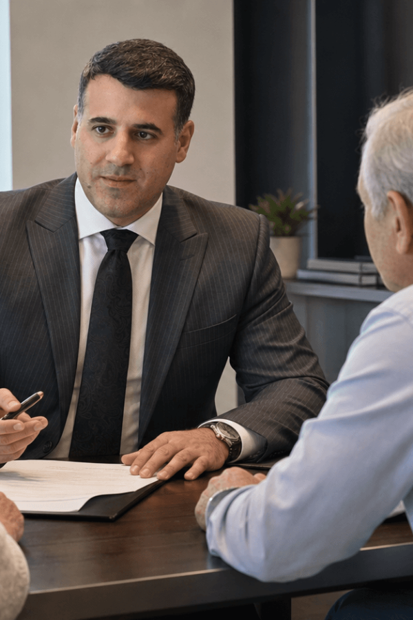 Asaf Arazi-Biton reviewing an assisted living agreement with an older couple and a family member