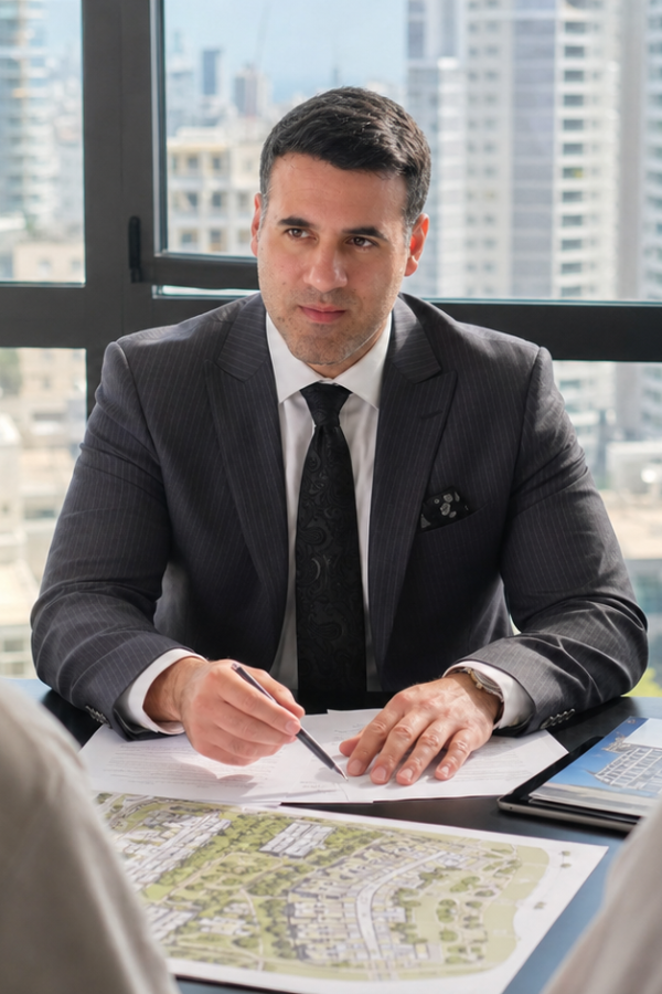 Asaf Arazi-Biton reviewing an evacuation-reconstruction agreement with tenants